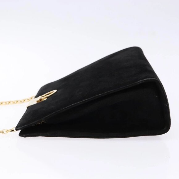 Salvatore Ferragamo Gancini Chain Shoulder Bag Suede Black Gold Auth BA5012 - Picture 5 of 15